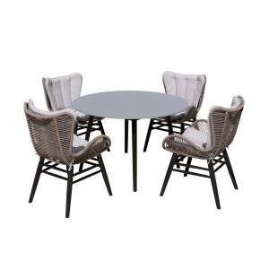 Armen Living - Sydney and Fanny 5 Piece Outdoor Patio Dining Set in Dark Eucalyptus Wood with Truffle Rope and Grey Cushions - 840254335950