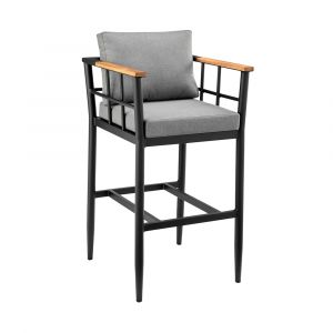 Armen Living - Wiglaf Outdoor Patio Bar Stool in Aluminum and Teak with Grey Cushions - 840254333055
