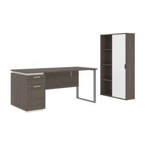 Bestar - Aquarius 66W Desk with Single Pedestal and Storage Cabinet in Bark Grey & White - 114850-000047
