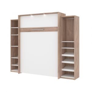Bestar - Cielo 105W Queen Murphy Bed with 2 Narrow Shelving Units (104W) in Rustic Brown & White - 80886-000009