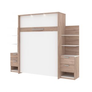 Bestar - Cielo 105W Queen Murphy Bed with Floating Shelves and Drawers (104W) in Rustic Brown & White - 80881-000009