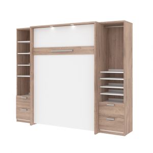 Bestar - Cielo 99W Full Murphy Bed and 2 Narrow Shelving Units with Drawers (98W) in Rustic Brown & White - 80893-000009