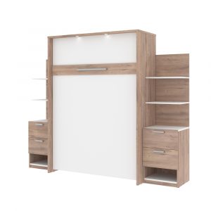 Bestar - Cielo 99W Full Murphy Bed with Floating Shelves and Drawers (98W) in Rustic Brown & White - 80891-000009