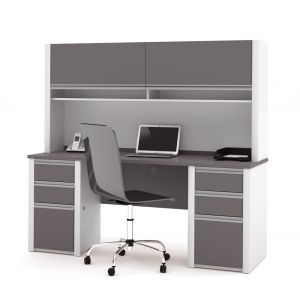 Bestar - Connexion 72W Credenza Desk with Two Pedestals and Hutch in Slate & Sandstone - 93860-59