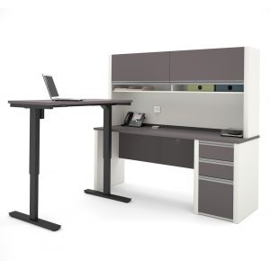 Bestar - Connexion 72W L-Shaped Standing Desk with Pedestal and Hutch in Slate & Sandstone - 93886-59