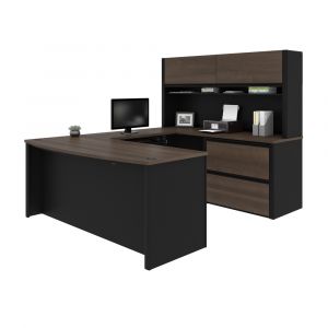 Bestar - Connexion 72W U-Shaped Executive Desk with Lateral File Cabinet and Hutch in Antigua & Black - 93863-000052