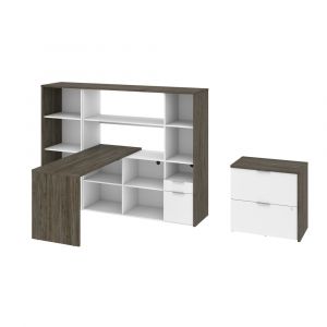 Bestar - Gemma 60W L-Shaped Desk with Hutch, Lateral File Cabinet, and Bookcase in Walnut Grey & White - 107850-000035