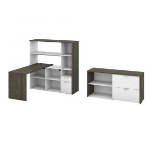 Bestar - Gemma 60W L-Shaped Desk with Hutch, Lateral File Cabinet, and Small Shelving Unit in Walnut Grey & White - 107852-000035
