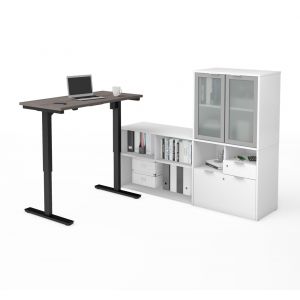 Bestar - I3 Plus 72W L-Shaped Standing Desk and Hutch with Frosted Glass Doors in Bark Grey & White - 160886-4717