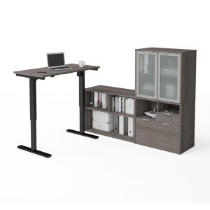 Bestar - I3 Plus 72W L-Shaped Standing Desk and Hutch with Frosted Glass Doors in Bark Grey - 160886-47