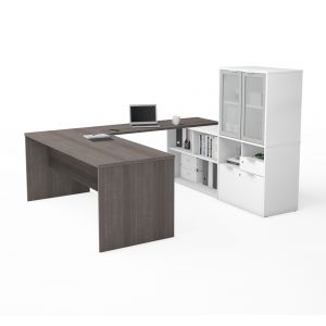 Bestar - I3 Plus 72W U-Shaped Executive Desk with Frosted Glass Doors Hutch in Bark Grey & White - 160861-4717
