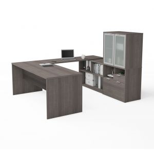 Bestar - I3 Plus 72W U-Shaped Executive Desk with Frosted Glass Doors Hutch in Bark Grey - 160861-47