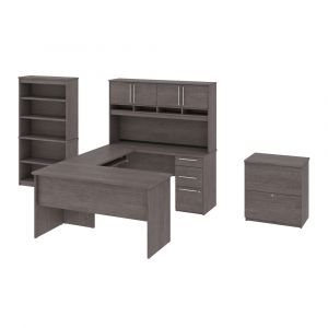 Bestar - Innova 83W U Or L-Shaped Desk with Hutch, Lateral File Cabinet, and Bookcase in Bark Grey - 92855-000047
