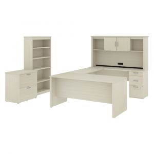 Bestar - Logan 66W U-Shaped Desk with Hutch, Lateral File Cabinet, and Bookcase in White Chocolate - 46851-31