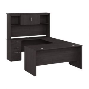 Bestar - Logan 67W 65W U Shaped Desk with Hutch in Charcoal Maple - 146857-000140