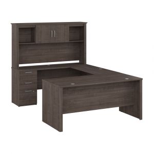 Bestar - Logan 67W 65W U Shaped Desk with Hutch in Medium Gray Maple - 146857-000141