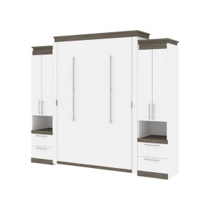 Bestar - Orion 104W Queen Murphy Bed and 2 Storage Cabinets with Pull-Out Shelves (105W) in White & Walnut Grey - 116889-000017