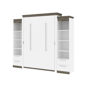 Bestar - Orion 104W Queen Murphy Bed and 2 Narrow Shelving Units with Drawers (105W) in White & Walnut Grey - 116885-000017