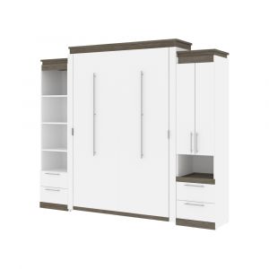 Bestar - Orion 104W Queen Murphy Bed and Narrow Storage Solutions with Drawers (105W) in White & Walnut Grey - 116872-000017