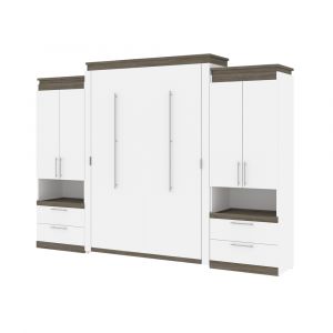 Bestar - Orion 124W Queen Murphy Bed and 2 Storage Cabinets with Pull-Out Shelves (125W) in White & Walnut Grey - 116870-000017