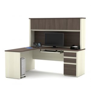 Bestar - Prestige + 72W L-Shaped Desk with Pedestal and Hutch in White Chocolate & Antigua - 99872-52