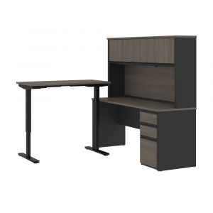 Bestar - Prestige + 72W L-Shaped Standing Desk with Pedestal and Hutch in Bark Grey & Slate - 99886-000047