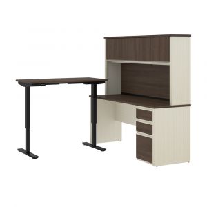 Bestar - Prestige + 72W L-Shaped Standing Desk with Pedestal and Hutch in White Chocolate & Antigua - 99886-52