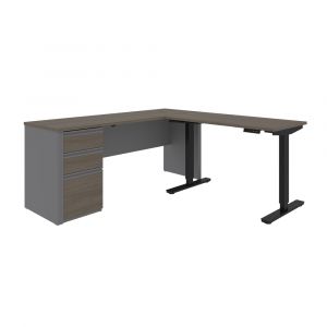 Bestar - Prestige + 72W L-Shaped Standing Desk with Pedestal in Bark Grey & Slate - 99885-000047