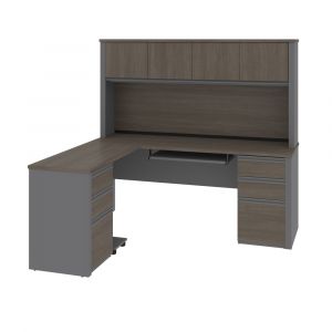 Bestar - Prestige + 72W Modern L-Shaped Office Desk with Two Pedestals and Hutch in Bark Grey & Slate - 99852-000047