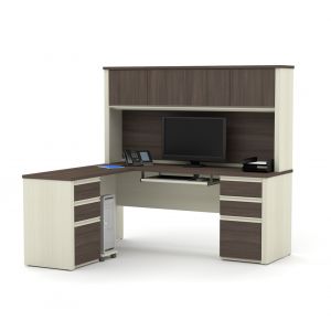 Bestar - Prestige + 72W Modern L-Shaped Office Desk with Two Pedestals and Hutch in White Chocolate & Antigua - 99852-52