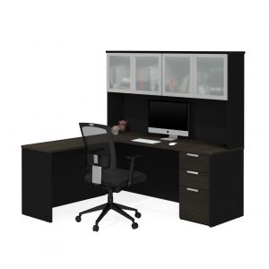 Bestar - Pro-Concept Plus 72W L-Shaped Desk with Pedestal and Frosted Glass Doors Hutch in Deep Grey & Black - 110887-32