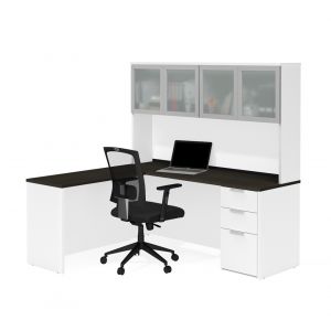 Bestar - Pro-Concept Plus 72W L-Shaped Desk with Pedestal and Frosted Glass Doors Hutch in White & Deep Grey - 110887-17