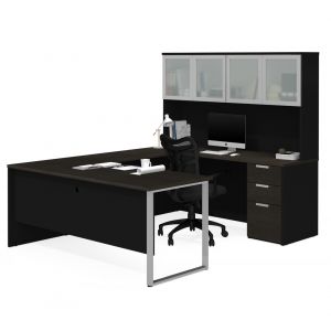Bestar - Pro-Concept Plus 72W U-Shaped Executive Desk with Pedestal and Frosted Glass Doors Hutch in Deep Grey & Black - 110890-32