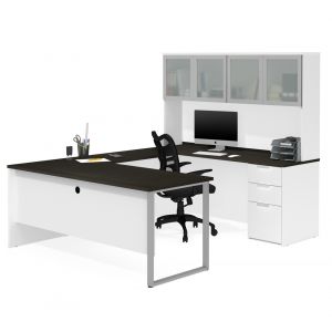 Bestar - Pro-Concept Plus 72W U-Shaped Executive Desk with Pedestal and Frosted Glass Doors Hutch in White & Deep Grey - 110890-17