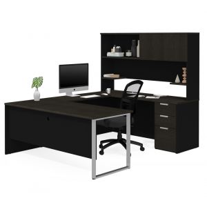 Bestar - Pro-Concept Plus 72W U-Shaped Executive Desk with Pedestal and Hutch in Deep Grey & Black - 110889-32