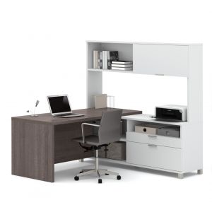 Bestar - Pro-Linea 72W L-Shaped Desk with Drawers and Hutch in Bark Grey - 120882-47