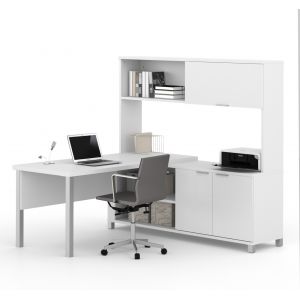 Bestar - Pro-Linea 72W L-Shaped Desk with Metal Legs and Hutch in White - 120864-17