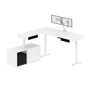 Bestar - Pro-Vega 81W L-Shaped Standing Desk with Dual Monitor Arm and Credenza in White & Black - 130851-000017