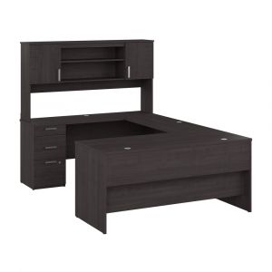 Bestar - Ridgeley 65W U Shaped Desk with Hutch in Charcoal Maple - 152857-000140