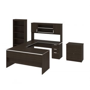 Bestar - Ridgeley 65W U-Shaped Desk with Hutch, Lateral File Cabinet, and Bookcase in Dark Chocolate - 52850-79