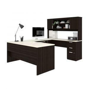 Bestar - Ridgeley 65W U-Shaped Executive Desk with Pedestal and Hutch in White Chocolate - 52414-31