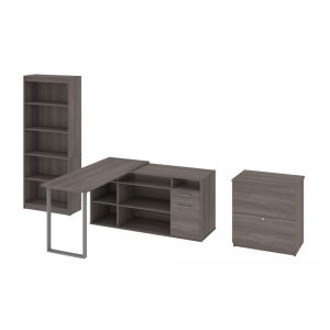 Bestar - Solay 118W 60W L-Shaped Desk with Lateral File Cabinet and Bookcase in Bark Grey - 29851-47