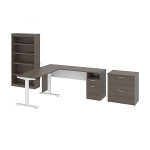 Bestar - Upstand 135W 72W L-Shaped Standing Desk with Bookcase and File Cabinet in Bark Grey & White - 175853-000047