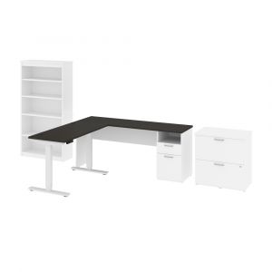 Bestar - Upstand 135W 72W L-Shaped Standing Desk with Bookcase and File Cabinet in Deep Grey & White - 175853-000032