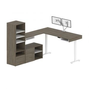 Bestar - Viva 72W L-Shaped Standing Desk with Dual Monitor Arm and Storage in Walnut Grey & White - 19853-35