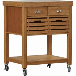 Boraam - Kenta Bamboo Kitchen Cart, Stainless Steel Top - 50650