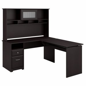 Bush Furniture - Cabot 60W 3 Position L Shaped Sit to Stand Desk with Hutch in Espresso Oak - CAB045EPO