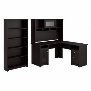 Bush Furniture - Cabot 60W L Shaped Computer Desk with Hutch and 5 Shelf Bookcase in Espresso Oak - CAB011EPO