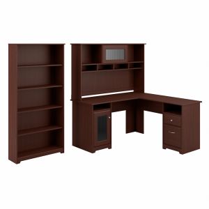 Bush Furniture - Cabot 60W L Shaped Computer Desk with Hutch and 5 Shelf Bookcase in Harvest Cherry - CAB011HVC
