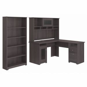 Bush Furniture - Cabot 60W L Shaped Computer Desk with Hutch and 5 Shelf Bookcase in Heather Gray - CAB011HRG